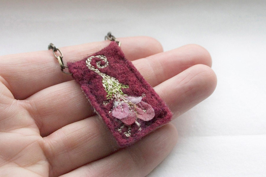Embroidered Flower Pendant Deep Claret Felt