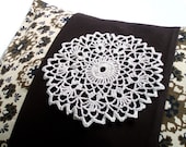 Brown Print Pillow Cover with Vintage Crocheted Doily