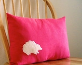 Honeysuckle Pink Linen Pillow Cover with Wool Felt Hedgehog Applique