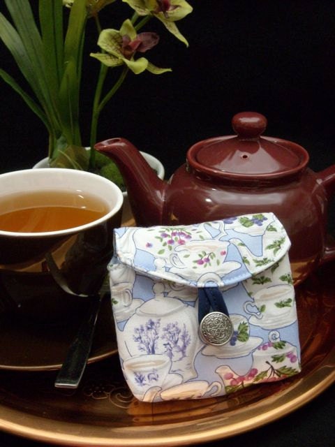 Tea Bag Travel Wallet - Tea Garden Traditional Teapots on Blue
