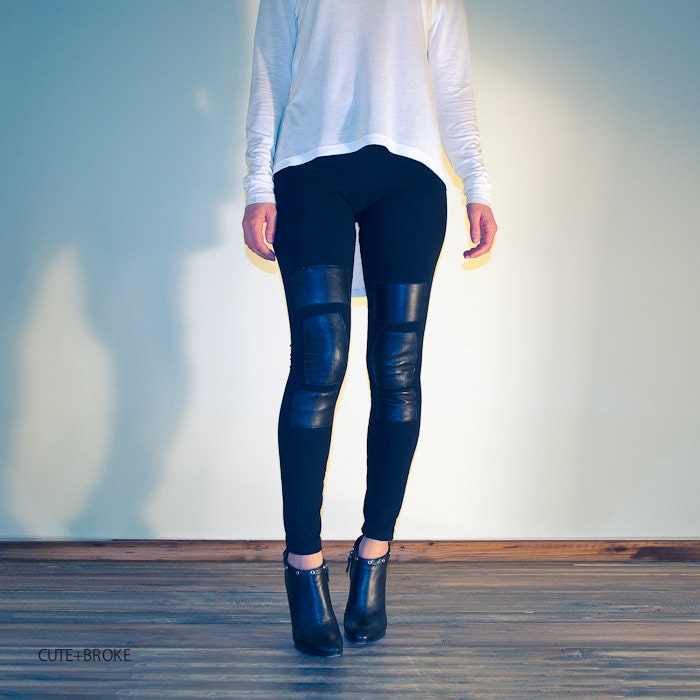 Womens  leggings pants leather patches NEW