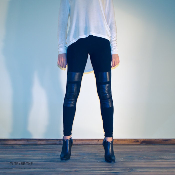 Womens  leggings pants leather patches NEW