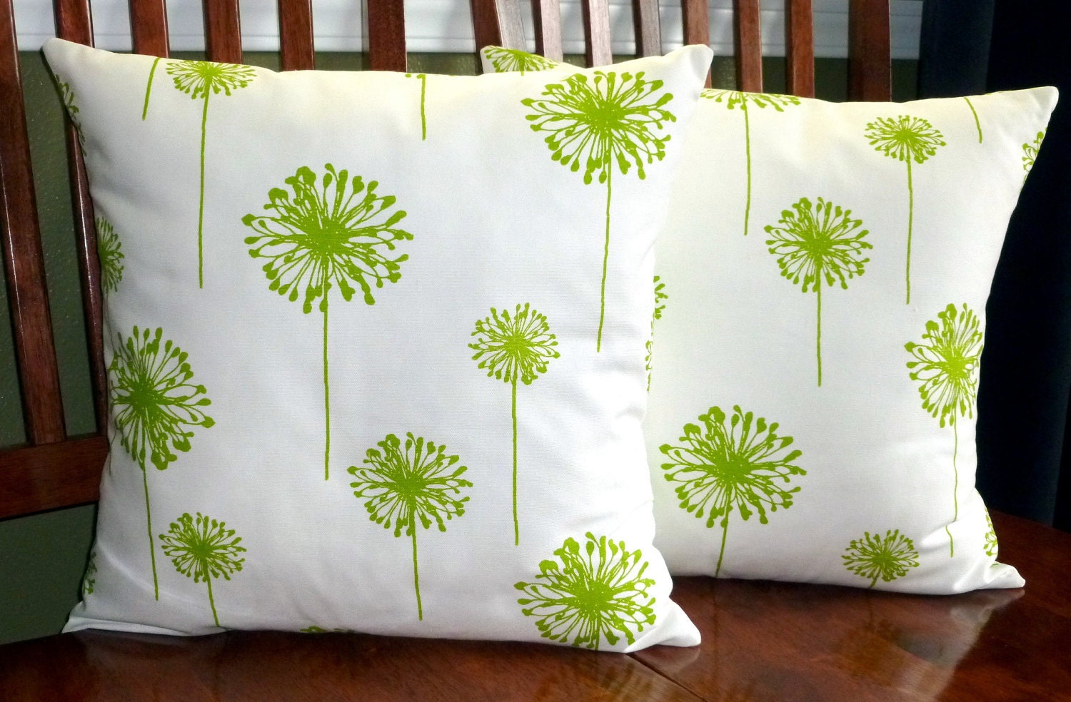 Accent Throw Pillow Covers - Two Lime Green and White Dandelion 18 Inch