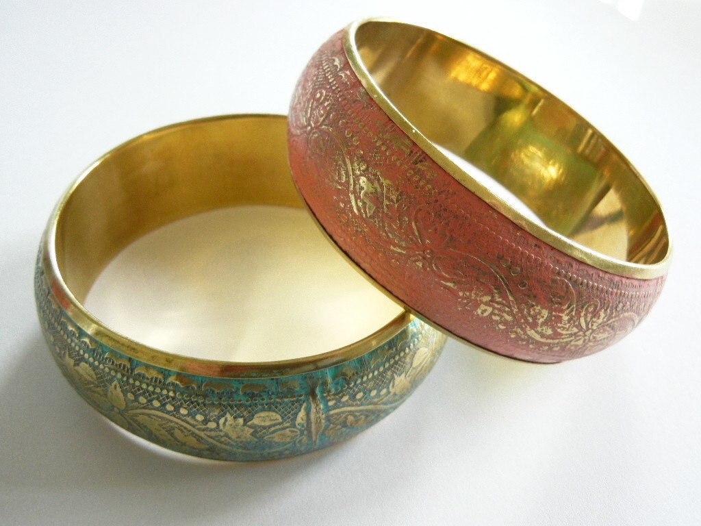 Floral Patina Bracelet, Bangle, Verdigris, Melon, Hand Painted, Brass, Flower Bracelet, Distressed, Gift for Her