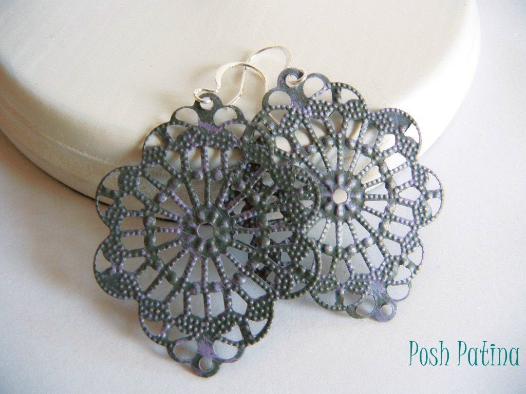 Shabby Chic Gray and Lilac Hand Painted Filigree Earrings