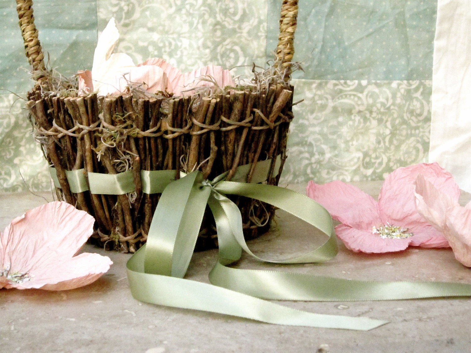 Moss & Twigs Flower Girl Basket with Sage green satin ribbon - 1 basket - marrymerosie