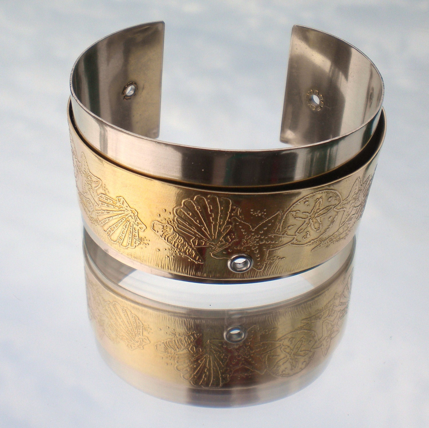 50 OFF SALE Etched Cuff Bracelet Brass Nickel SIlver Sea Shells