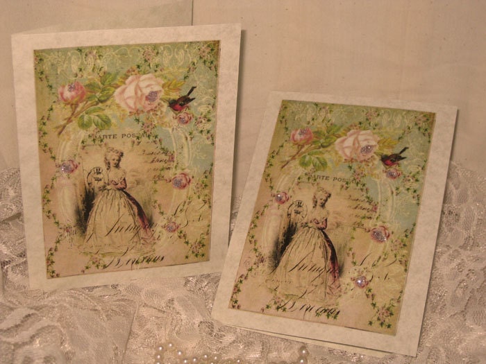 Vintage French Design Marie Antoinette Handmade Cards Adormed with Bling on Parchment ECS
