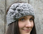 Pick Your Color/ Ear warmer Headband KISS Ash Gray Boho Chic Head Wrap with flower, simple texture and a tapered back