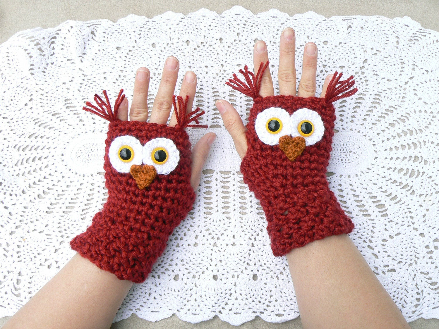 Crochet Owl Fingerless Gloves Wrist Warmers with Yellow Safety Eyes and Soft Red Acrylic Yarn Woman's Sizes