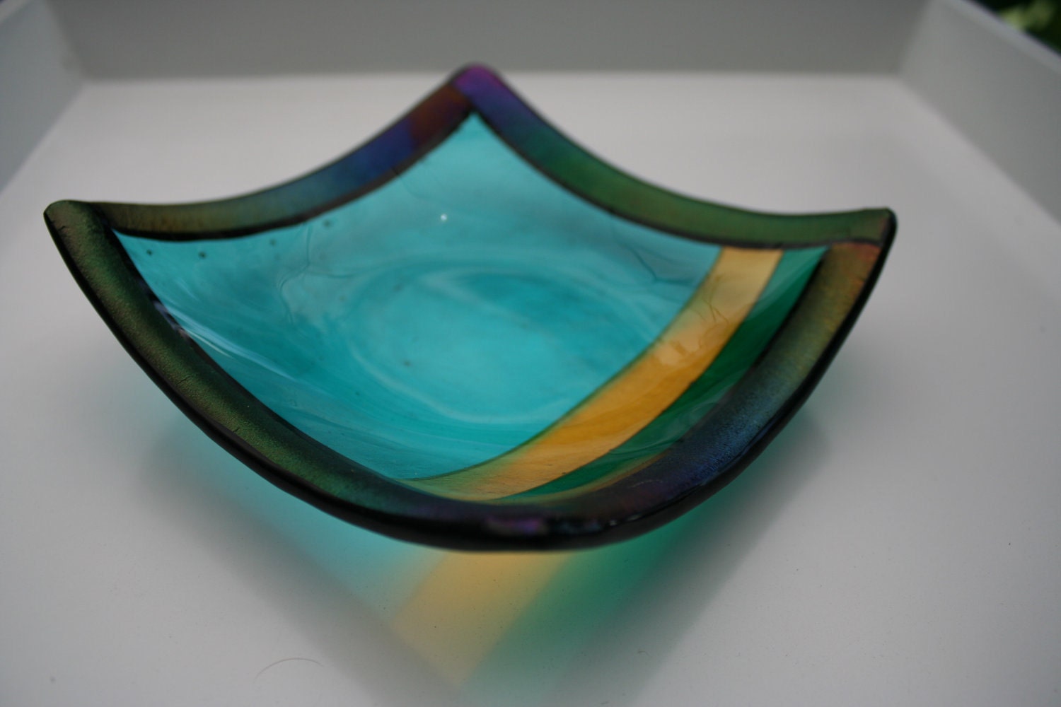 Turquoise, yellow and Dark green Striped Dish