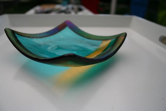 Turquoise, yellow and Dark green Striped Dish