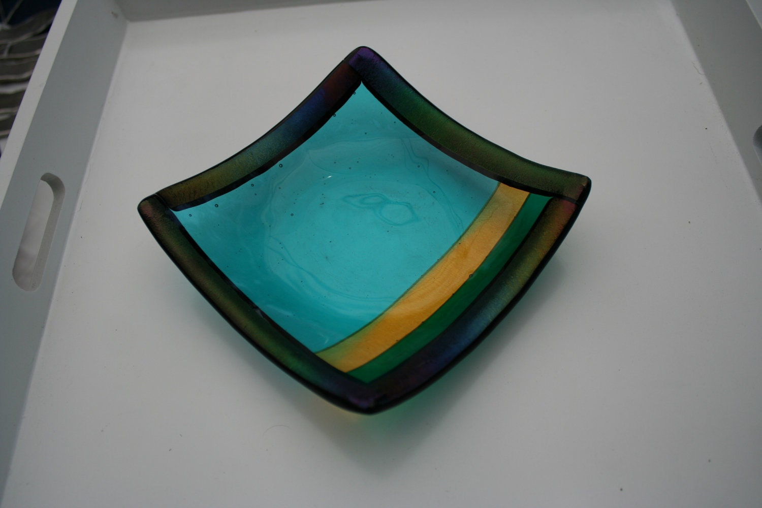 Turquoise, yellow and Dark green Striped Dish