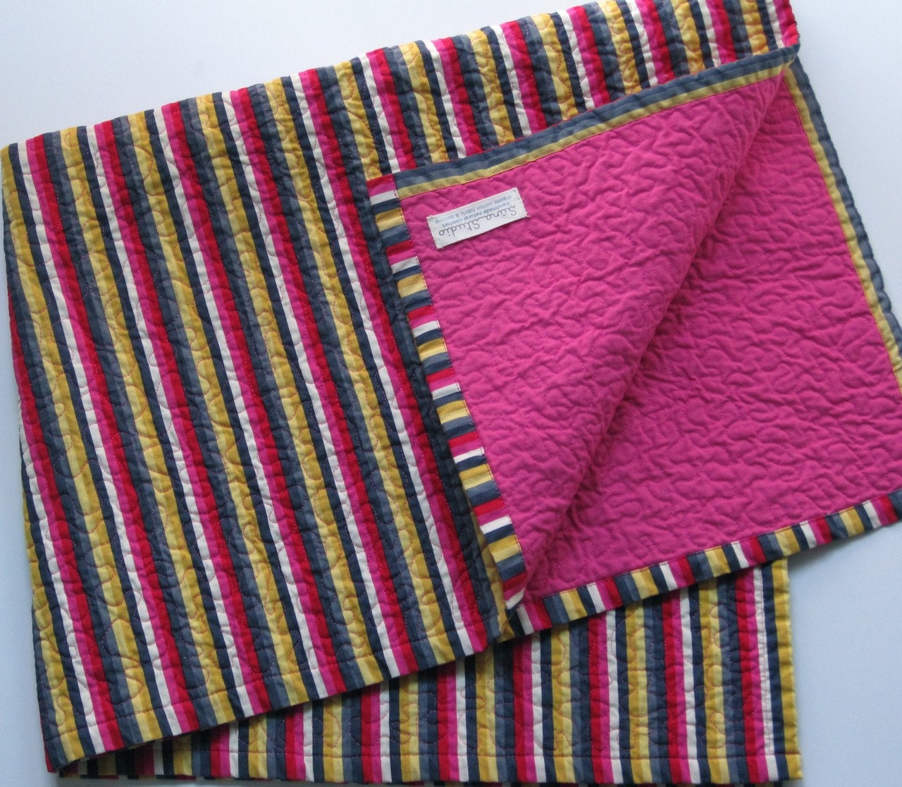 organic baby quilt / handmade / modern / unisex / girl / bright / stripes / pink/ gray
