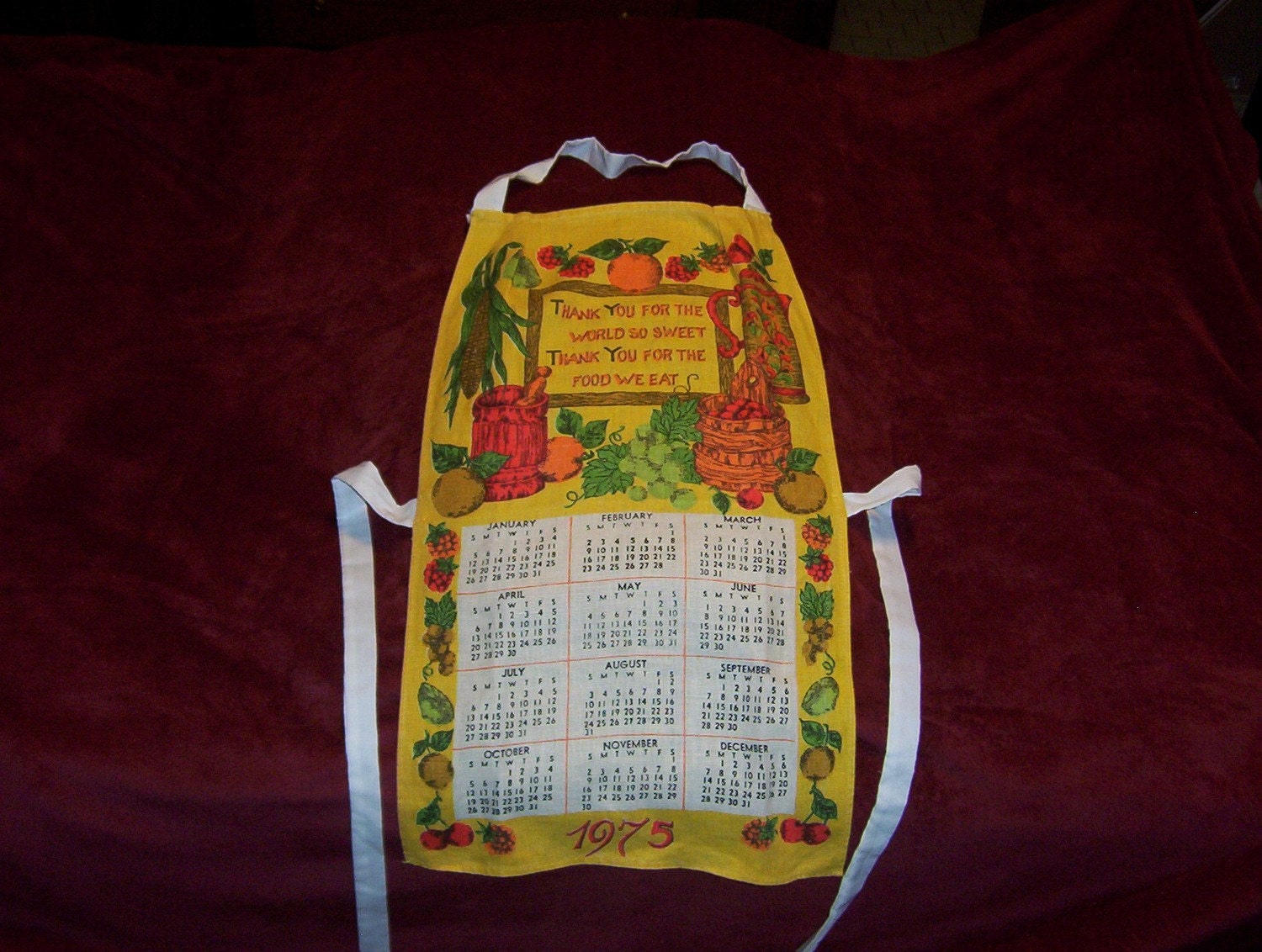 Vintage Linen Towel Calendar Apron Year 1975 Great Gift if this is a Memorible Year for One Includes Sweet Prayer Blessing