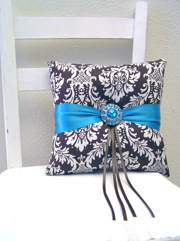 Brown and Teal Damask Ring Pillow