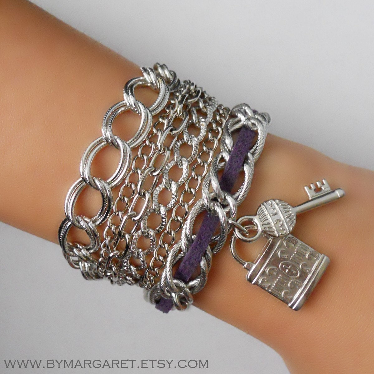 Plum (purple) ASSEMBLY multi-chain bracelet with CHARMS, leather suede, charm bracelet, friendship bracelet