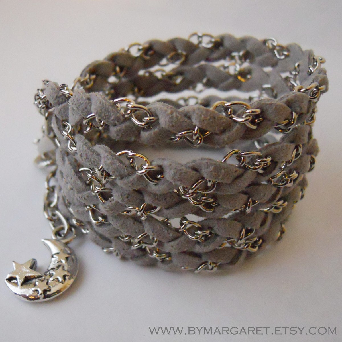 Grey TWIST friendship bracelet, charm bracelet, wrap around bracelet, braided bracelet, moon with stars charm