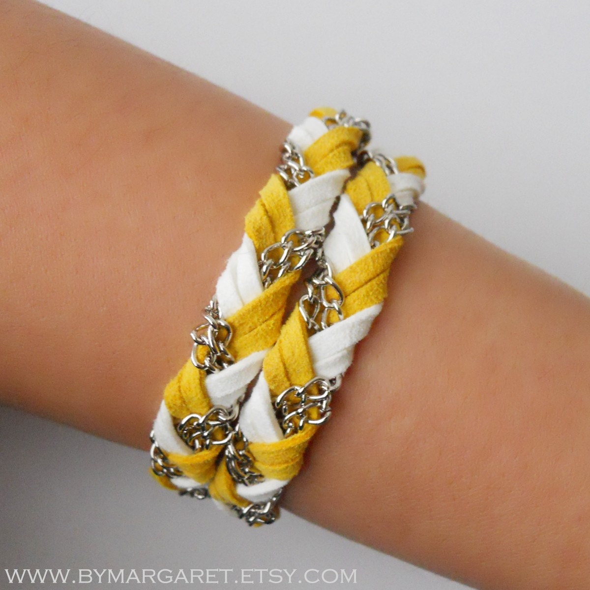 FUSION (SILVER) Mustard Yellow and White, braided bracelet, friendship bracelet, wrap around bracelet, leather suede