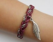 Burgundy SINGLE with leaf charm bracelet, charm bracelet, friendship bracelet, everyday bracelet