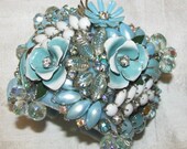 Blue Floral Flower Enamel Rhinestone Vintage Costume Jewelry Tiffany Blue Brides Cuff Bracelet