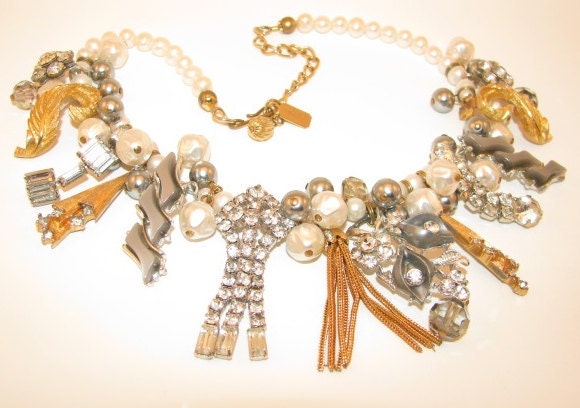 Rhinestone Gold Earring Bib Statement Collar Vintage Costume Jewelry Necklace, "Caberet"