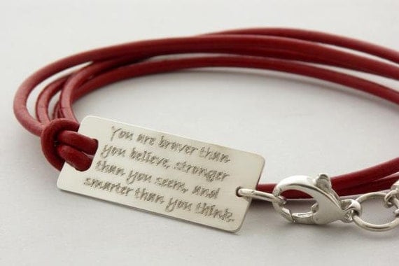 You are braver than you believe... sterling silver inspirational quote leather bracelet ... graduation gift