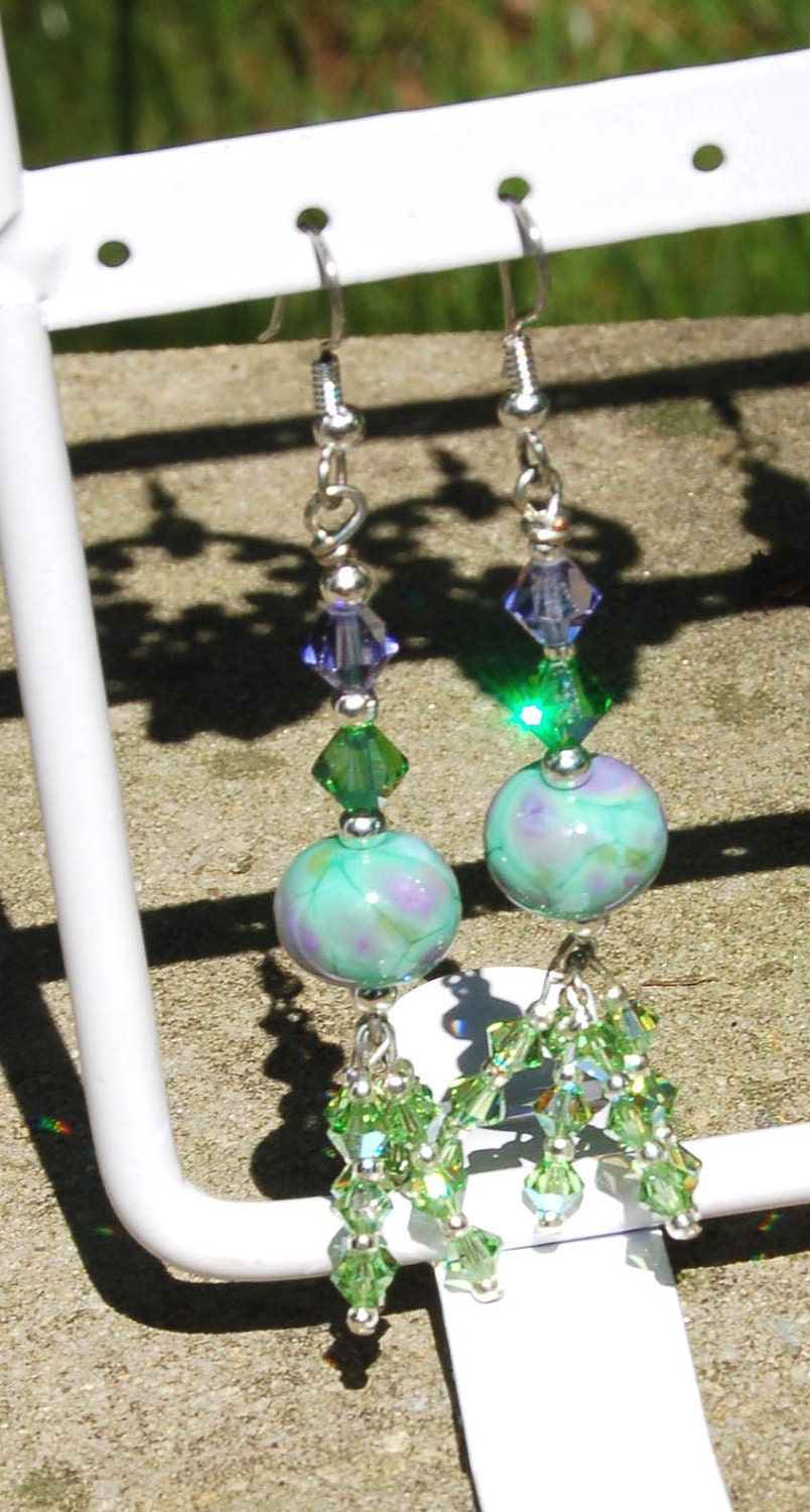 Lilac in Spring Lampwork Glass Swarovski Crystal hypoallergenic Earrings
