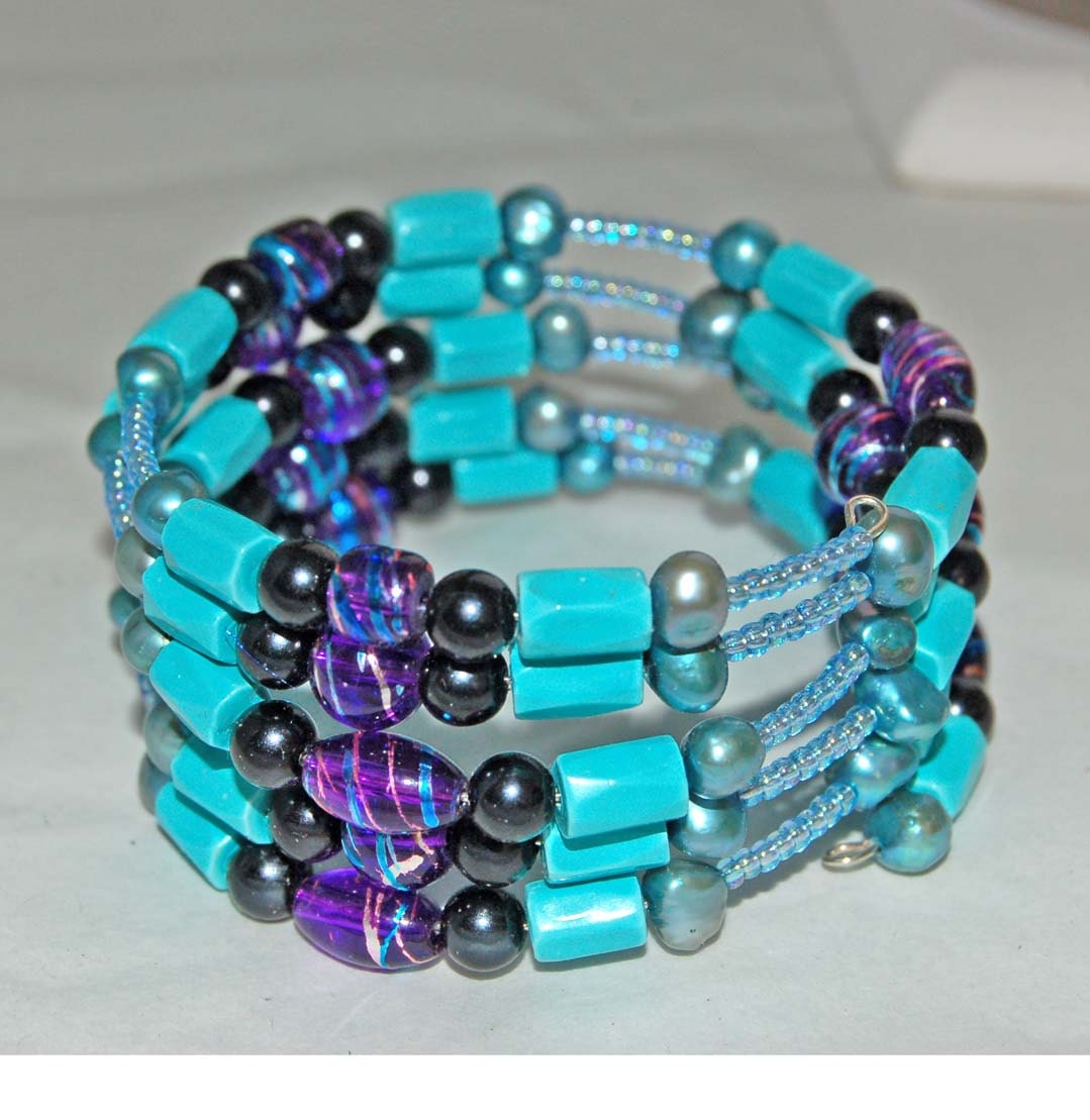 Majestic Pearl and Magnetic Hematite Memory Wire Bracelet OOAK