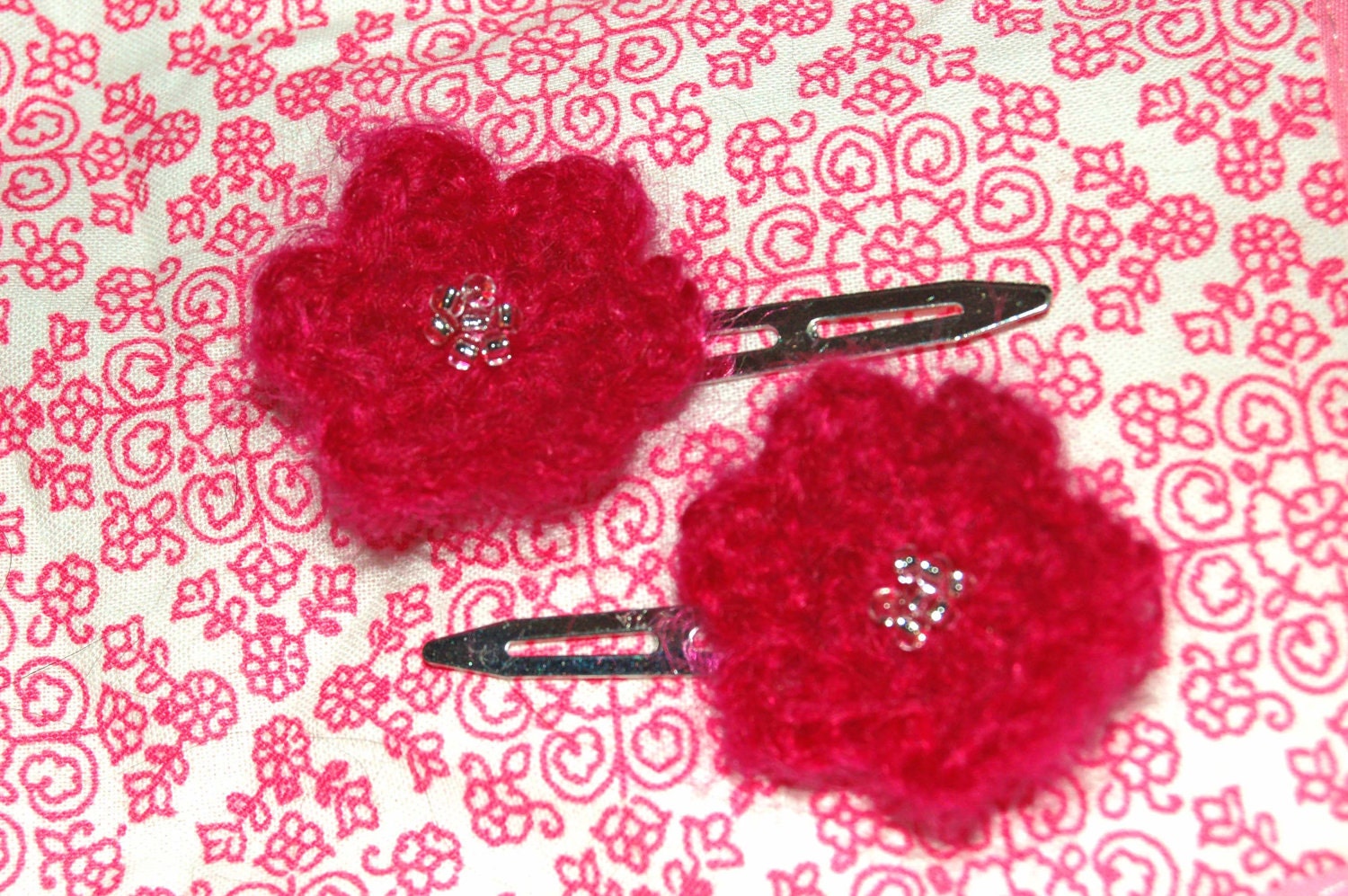 Fuschia Mohair Floral Hair Clip Duo -- 2 Cute