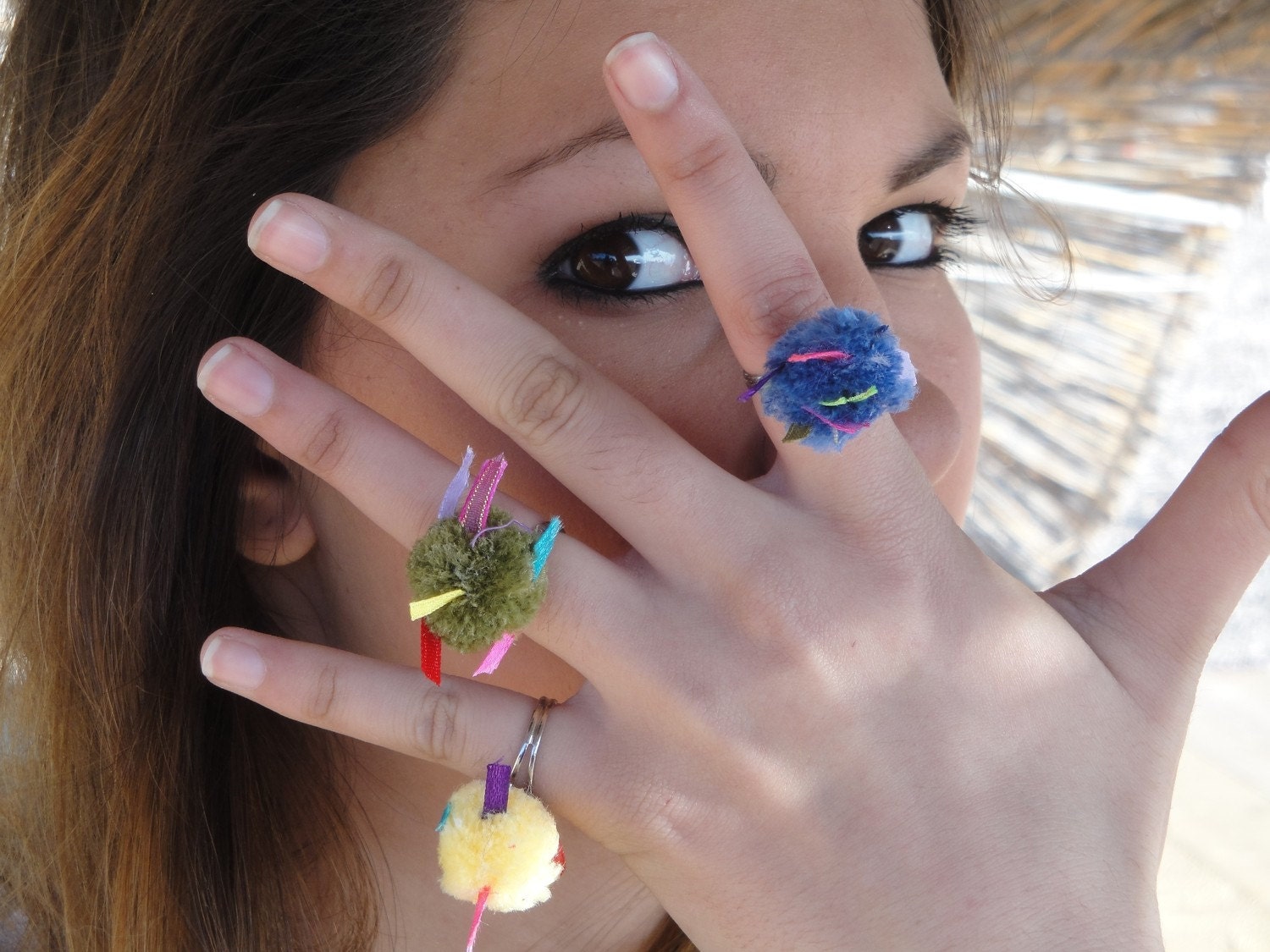 fiber art- fancy teener pompon ring- fiber jeelry- woman accessory- AJ0077