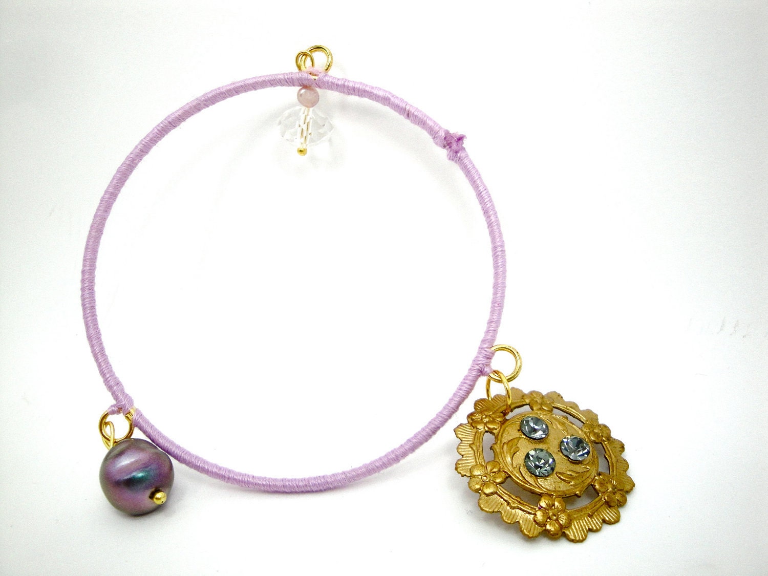 wrapped bangle- silk/ bronze /swarovky stones /glass pearl -Victorian style - vintage look- old-new- Romantic bracelet - jewel