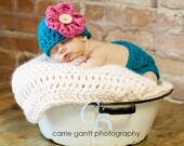 Diaper Cover with Flower Hat in Turquoise and Hot Rose / photo prop / DaddyMackHats