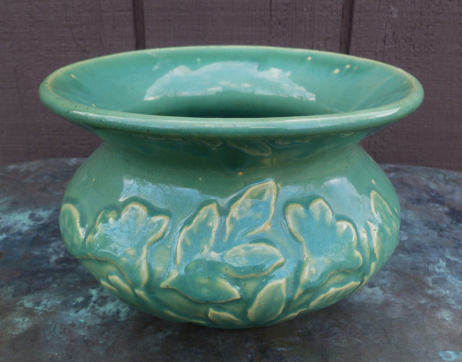Green Pottery Jardiniere. Flower Pot. Planter. Leaves and Flowers. Vintage 1920s.