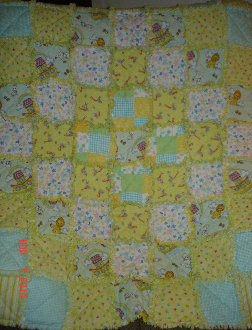 Handmade rag quilt baby blanket Precious moments flannel crib size READY TO SHIP