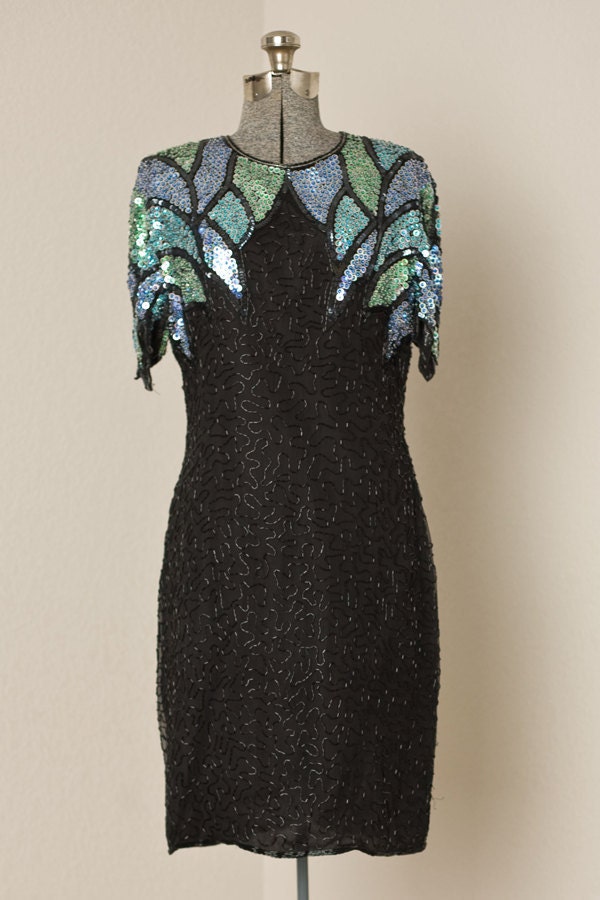 S A L E /// Womens 1980s Vintage Black Sequin Party Dress // Large