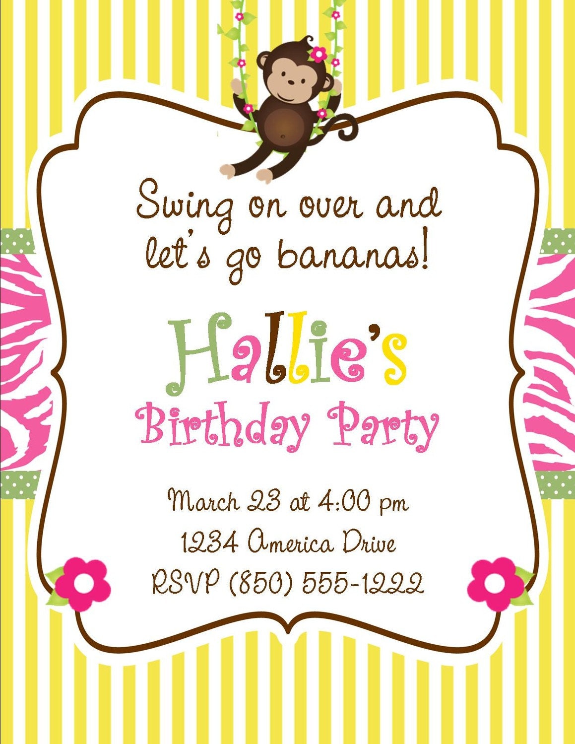 Monkey Theme Girl DIY Printable Party Invitation (pink, green, yellow, brown) Il_170x135