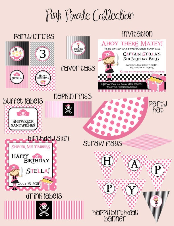 Pink Pirate Essentials Birthday Party Package - Girl DIY Printable Il_570xn