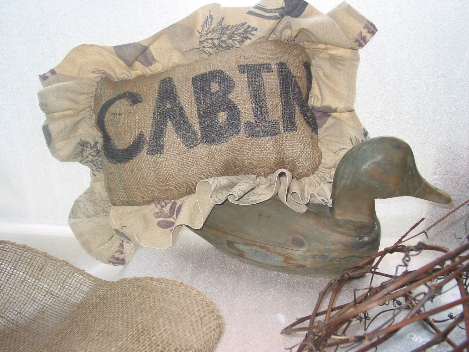 Cabin Cushion, Burlap with Recycled Frill from old pillowcase, with leaves and moose