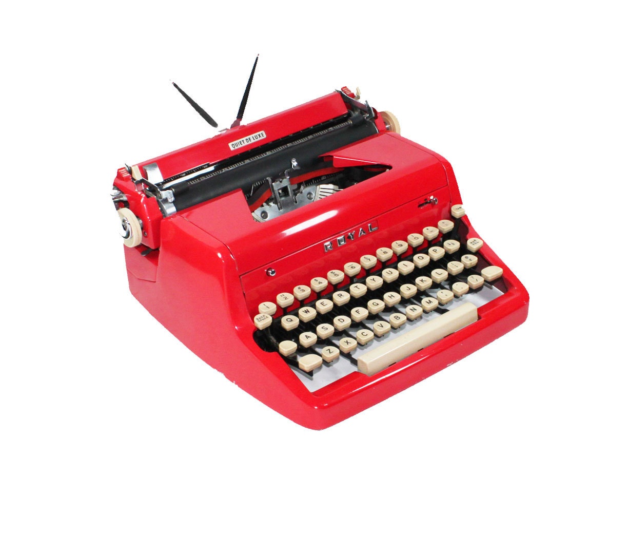 Vintage 1955 Bright Red Royal Quiet De Luxe Manual Typewriter