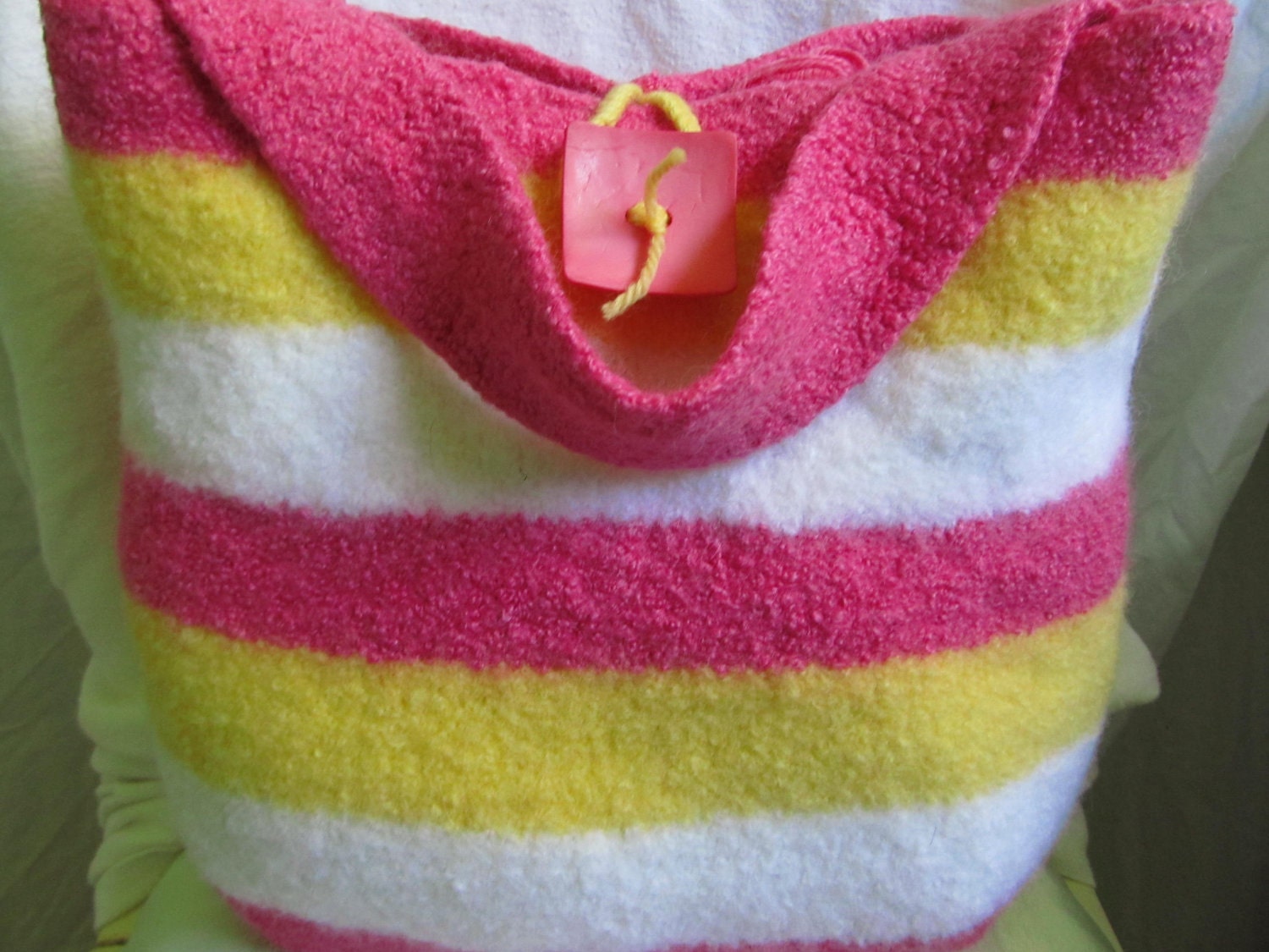 Feltd Bag: Pink Lemonade. Pink, lemon and white stripe this large felted gypsy bag.