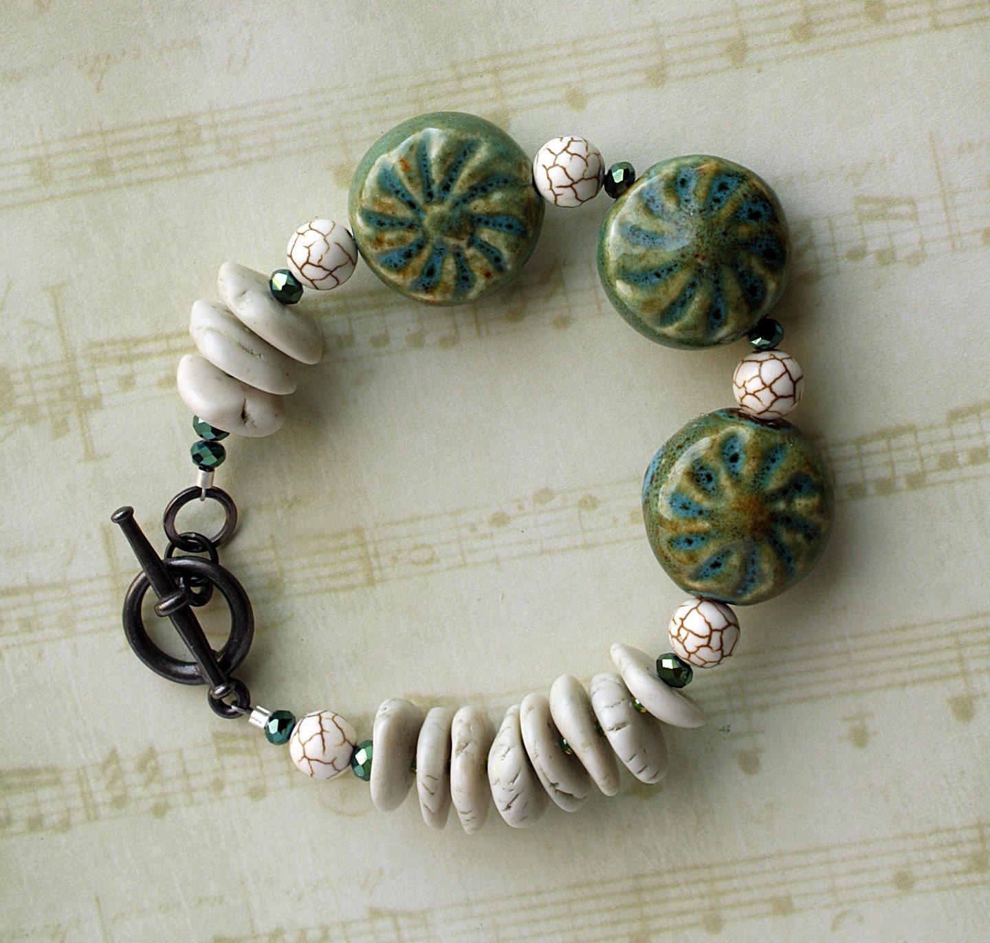Chunky Beaded Bracelet, Green Bracelet, Rustic, Beadwork, Ceramic Bracelet