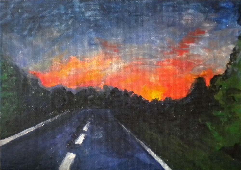 Original painting miniature acrylic painting nightime road trip "Sunset Road "  7 x 5 on board