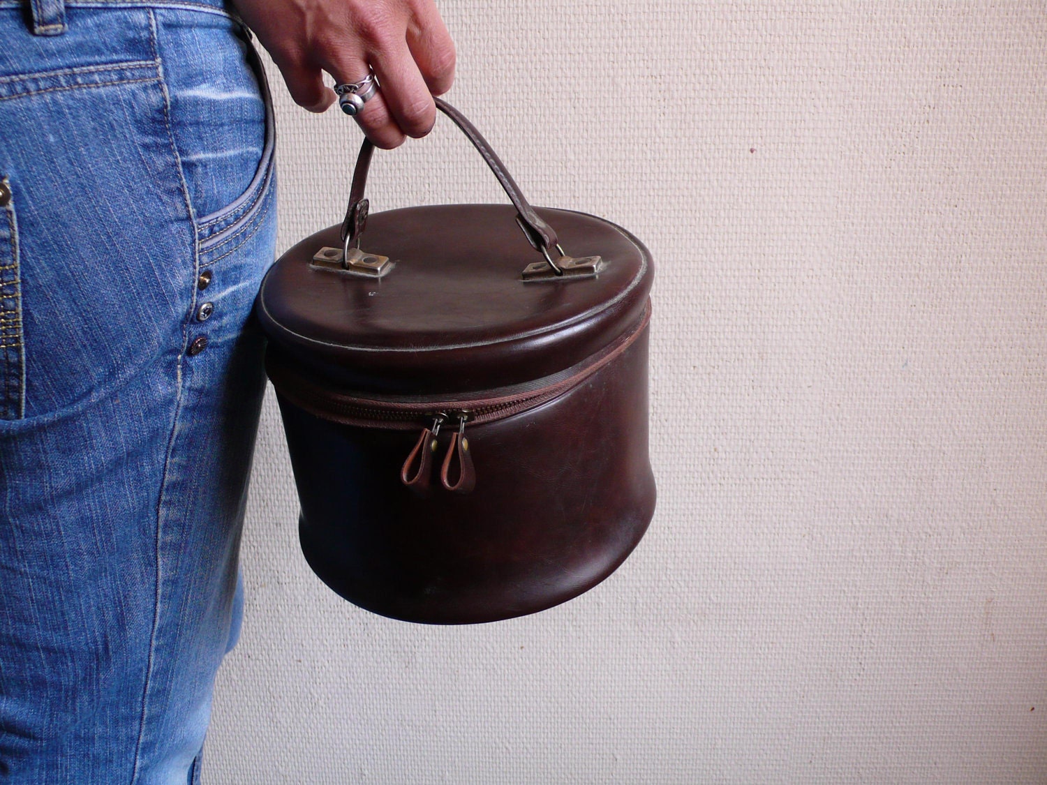 Vintage bag,  brown leather,  vanity case, French, 60s, sixties,   French vintage accessories by ancienesthetique