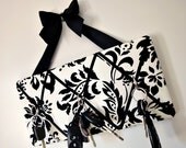Original French Memo Key Rack Board - Black and Ecru Floral and Leaf Fabric - 3 hooks