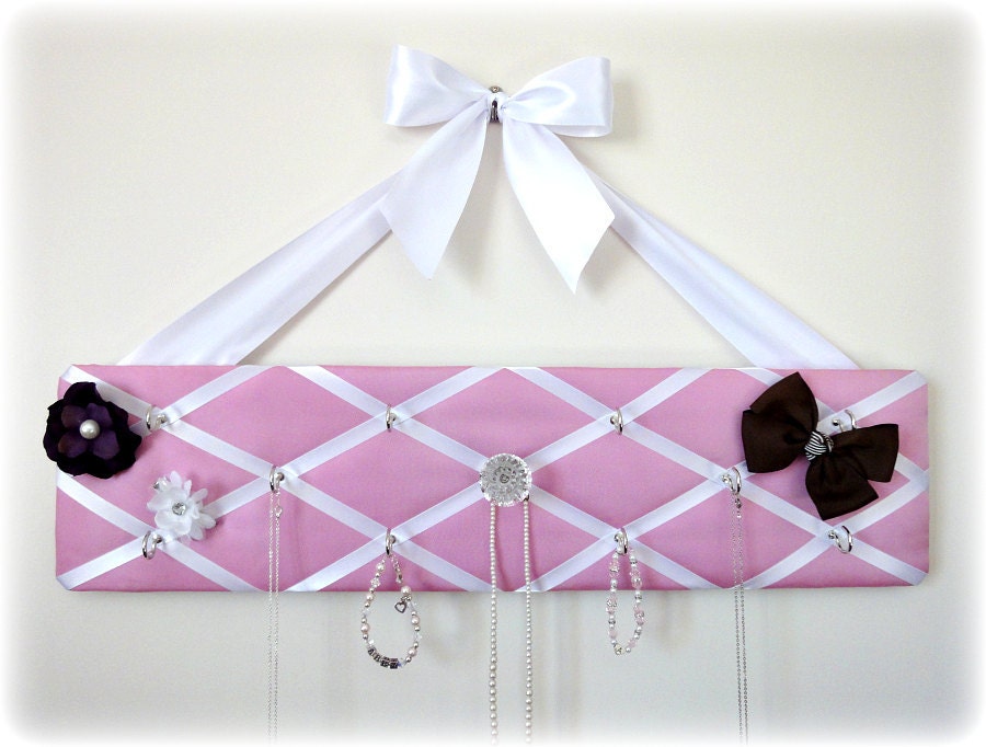 Girls Original French Jewelry Hanger - Pink Satin with Crystal Knob and Big White Bow - 11 Hooks