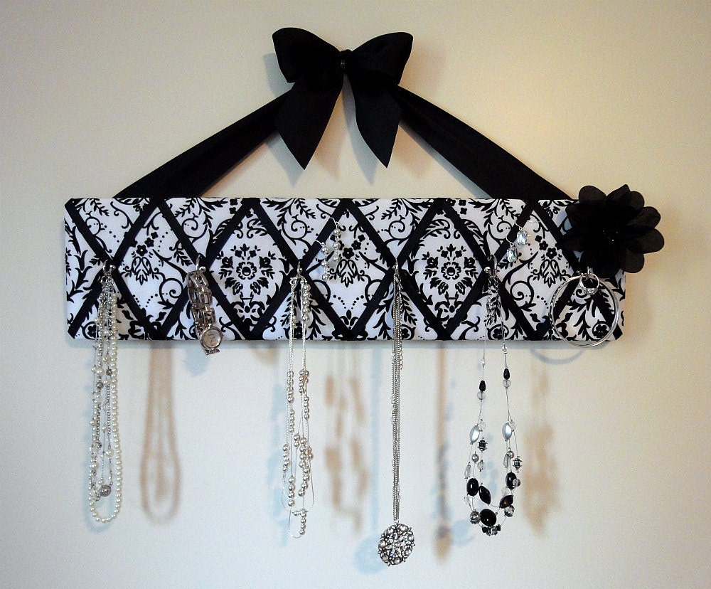 Original French Jewelry Hanger - Flocked Black and White Damask Satin with Black Bow - Ready to Ship