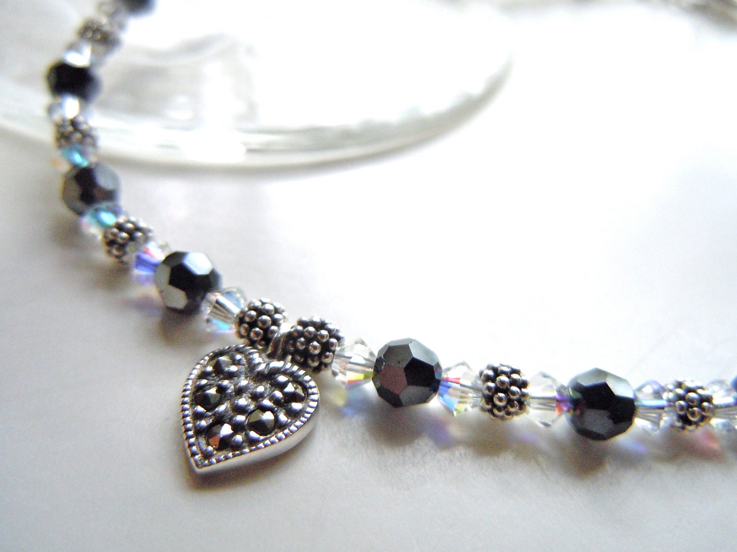 Marcasite Ankle Bracelet, Black & White Crystal. Marcasite Heart Charm