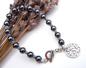 Beaded Hematite Bracelet, Silver Tree of Life, Sterling Bracelet