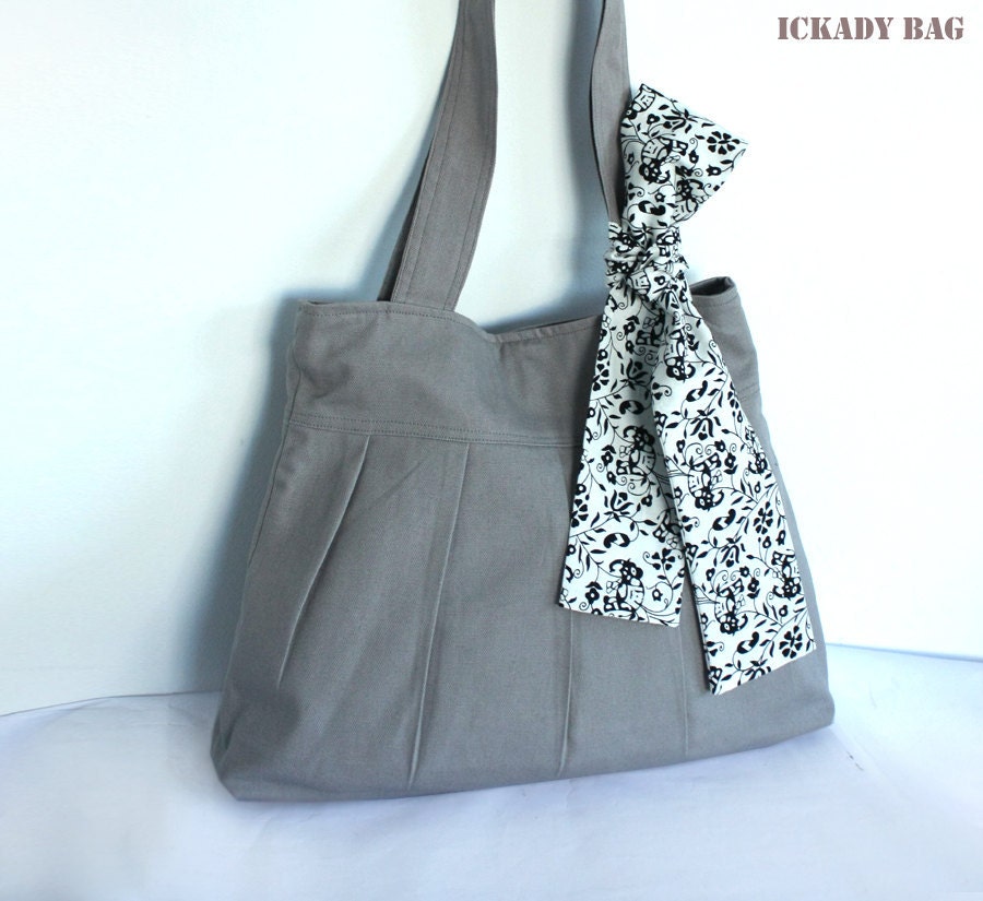 SALE 10% Gray Canvas Bag with Ribbon / Shoulder bag / Tote Handbag / Everyday bag with pleats